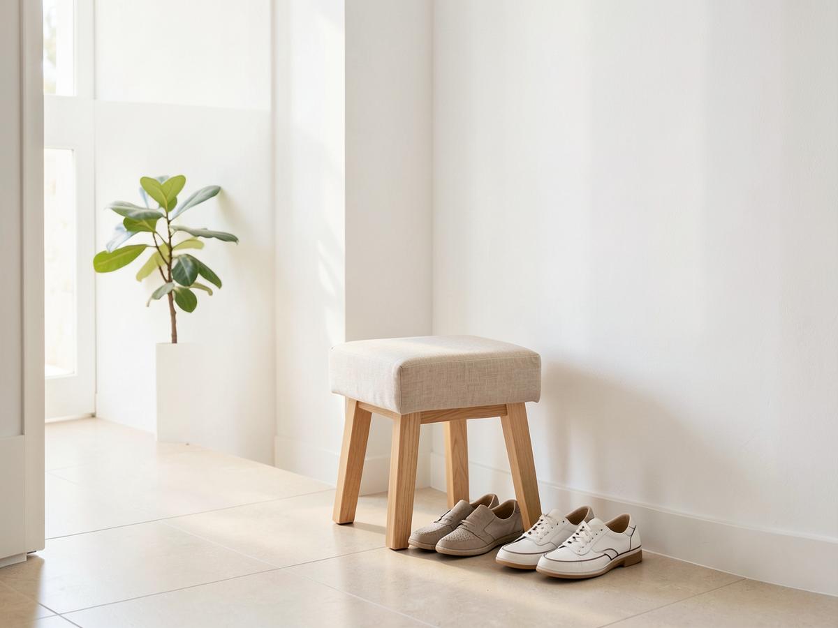 Entrada de un piso con el taburete junto a la pared y los zapatos ordenados